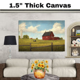Colorful Farm Folk Art Print Featuring Red Barns Cows Crops and Flowers Hand Painted Country Landscape Illustration for Rustic Wall Decor or Gift Idea on Ready to Hang 1.5" Thick Canvas Wrap, Floating Framed Canvas, Flat Rolled Canvas
